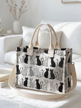 Black White Cat Print Corduroy Tote Bag Crossbody Shoulder Bag NWT